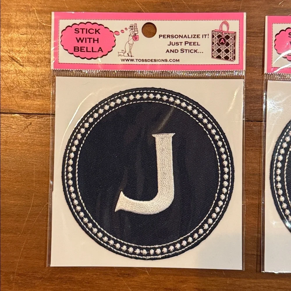 NIP TOSS Designs Peel & Stick Embroidered J Initial Patch Bella Set 2 Blue White